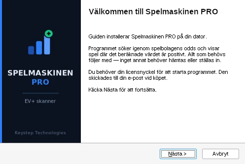 Installationsguidens välkomstskärm för Spelmaskinen PRO